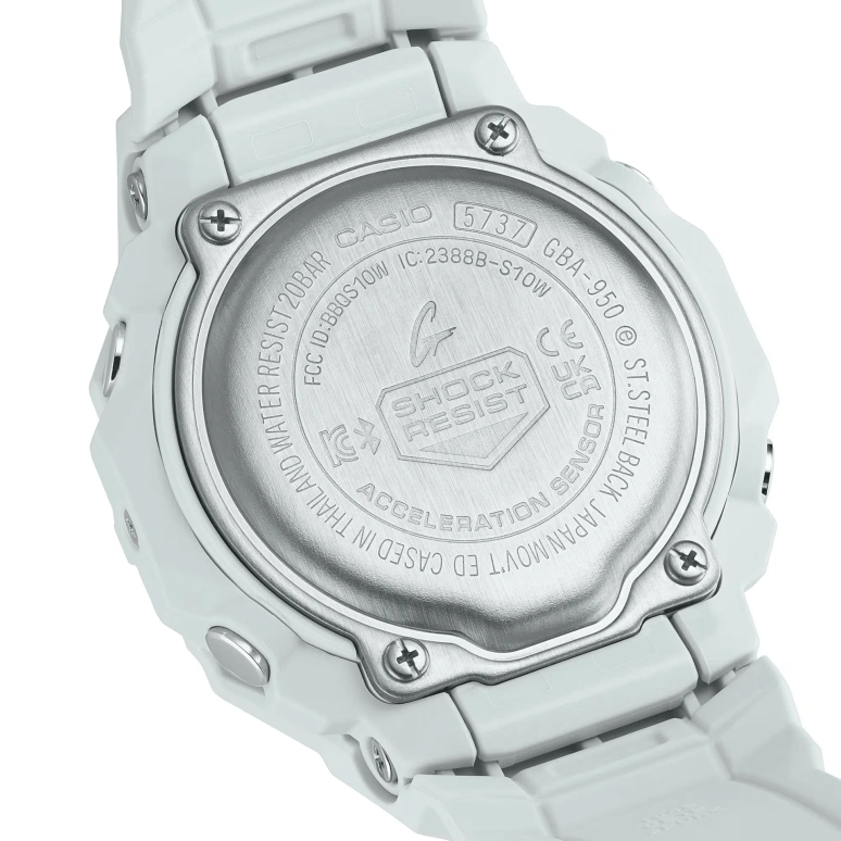 卡西欧,G-SHOCK 48.50x43.90毫米,48.50x43.90毫米,生物基,硅树脂,碳纤维,白色,石英,倒计时,计时,月历,星期历,矿物水晶,圆形,GBA950,GBA950-7A