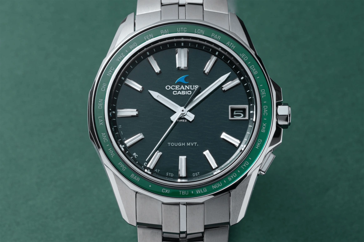 卡西欧,OCEANUS 46.50x41.30毫米,46.50x41.30毫米,钛,墨绿色,石英,日历,世界时,太阳能充电,OCWS400,OCWS400-3A
