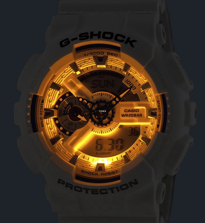 卡西欧,G-SHOCK 55x51.20毫米,55x51.20毫米,合成树脂,白色,石英,倒计时,计时,月历,星期历,矿物水晶,圆形,GA110HDS,GA110HDS-7A