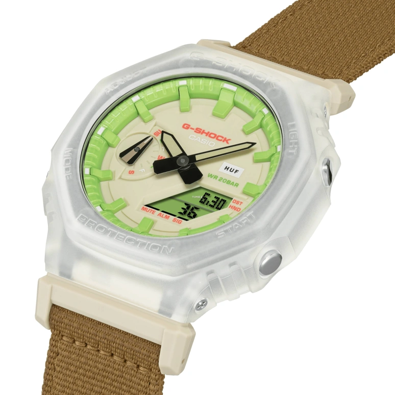 卡西欧,G-SHOCK 48.50x45.40毫米,48.50x45.40毫米,合成树脂,碳纤维,米色,绿色,石英,倒计时,计时,月历,星期历,矿物水晶,八角形,GA2100HUF,GA2100HUF-5A