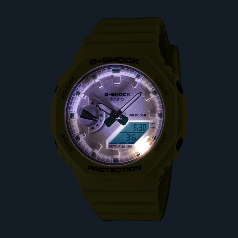 卡西欧,G-SHOCK 46.20x42.90毫米,46.20x42.90毫米,碳纤维,米色,石英,倒计时,计时,月历,星期历,矿物水晶,八角形,GMAS2100GA,GMAS2100GA-7A