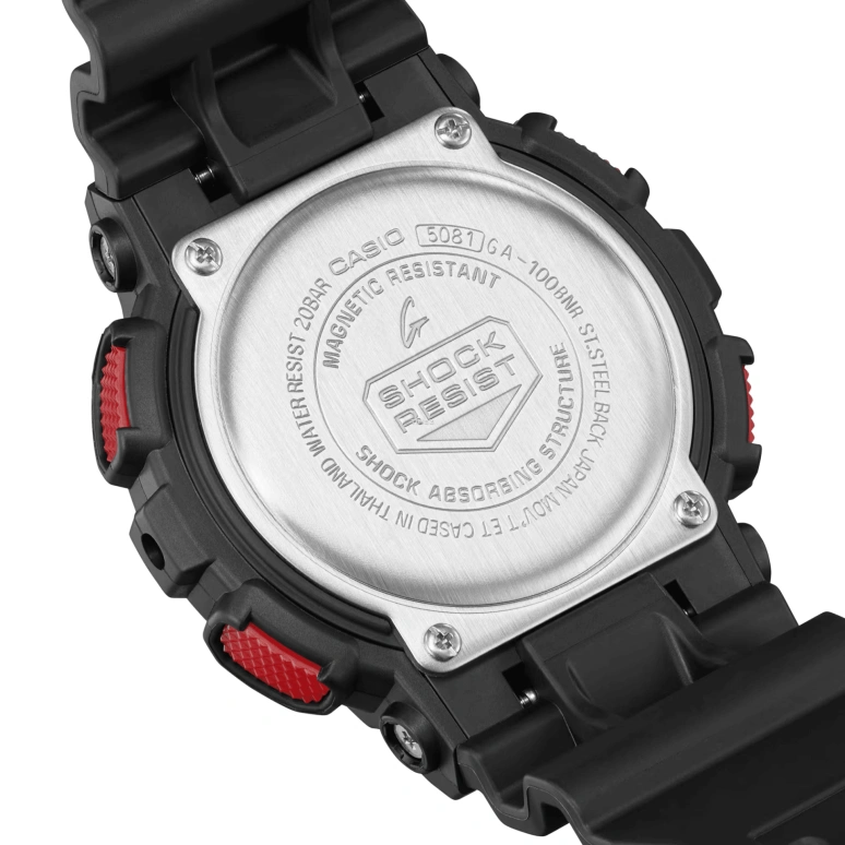 卡西欧,G-SHOCK 55x51.20毫米,55x51.20毫米,合成树脂,黑色,红色,石英,倒计时,计时,月历,星期历,矿物水晶,圆形,GA100BNR,GA100BNR-1A