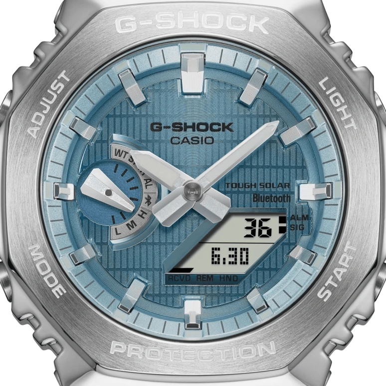 卡西欧,G-SHOCK 44.40毫米,44.40毫米,生物基,合成树脂,冰蓝色,石英,倒计时,计时,月历,星期历,矿物水晶,八角形,GBM2100A,GBM2100A-1A2