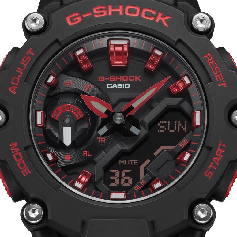 卡西欧,G-SHOCK 47.10毫米,47.10毫米,合成树脂,碳纤维,黑色,石英,倒计时,计时,月历,星期历,矿物水晶,圆形,GA2200BNR,GA2200BNR-1A