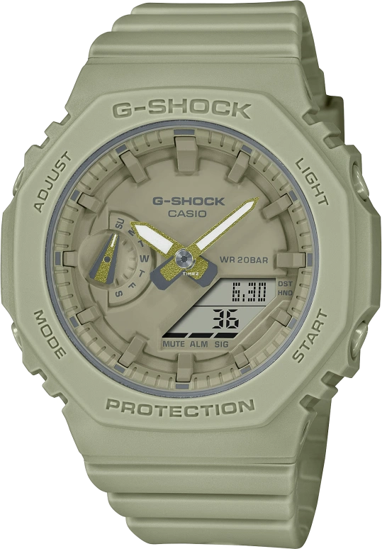 卡西欧,G-SHOCK 46.20x42.90毫米,46.20x42.90毫米,合成树脂,碳纤维,绿色,石英,倒计时,计时,月历,星期历,矿物水晶,圆形,GMAS2100BA3A