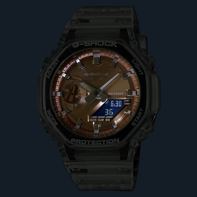 卡西欧,G-SHOCK 48.50x45.40毫米,48.50x45.40毫米,碳纤维,合成树脂,玫瑰金色,石英,倒计时,计时,月历,星期历,矿物水晶,八角形,GA2100BM,GA2100BM-7A5