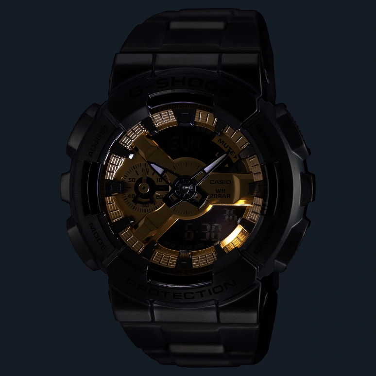 卡西欧,G-SHOCK 51.90x49.80毫米,51.90x49.80毫米,不锈钢,合成树脂,黄金色,黑色,石英,倒计时,计时,月历,星期历,矿物水晶,圆形,GM110BD,GM110BD-1A9