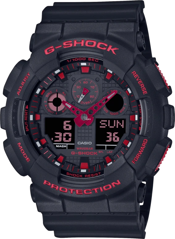 卡西欧,G-SHOCK 55x51.20毫米,55x51.20毫米,合成树脂,黑色,红色,石英,倒计时,计时,月历,星期历,矿物水晶,圆形,GA100BNR,GA100BNR-1A