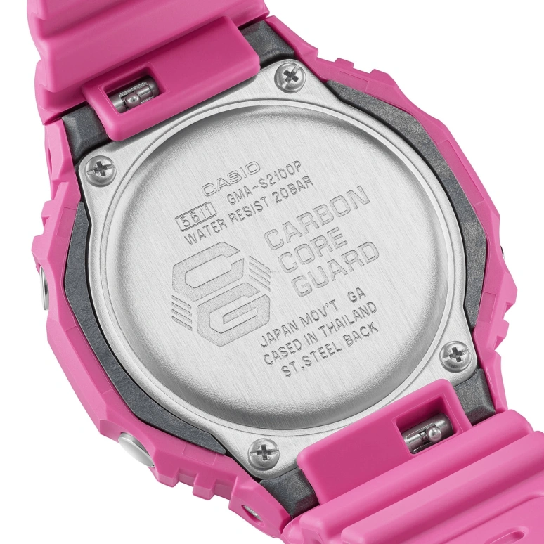 卡西欧,G-SHOCK 46.20x42.90毫米,46.20x42.90毫米,碳纤维,合成树脂,粉红色,石英,倒计时,计时,月历,星期历,矿物水晶,八角形,GMAS2100P,GMAS2100P-4A