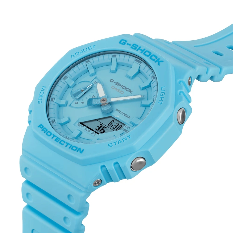 卡西欧,G-SHOCK 48.50x45.40毫米,48.50x45.40毫米,碳纤维,生物基,合成树脂,蓝色,石英,倒计时,计时,月历,星期历,矿物水晶,八角形,GA2100,GA2100-2A2