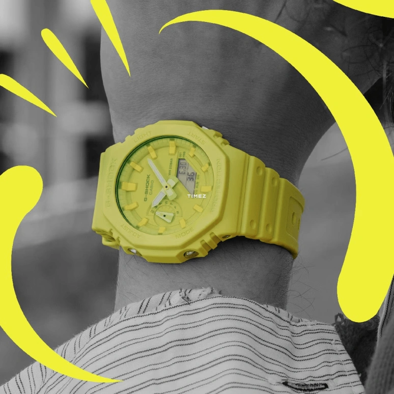 卡西欧,G-SHOCK 48.50x45.40毫米,48.50x45.40毫米,碳纤维,生物基,合成树脂,黄色,石英,倒计时,计时,月历,星期历,矿物水晶,圆形,GA2100,GA2100-9A9