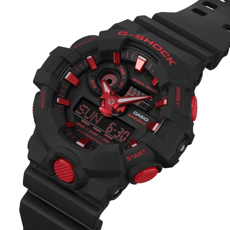 卡西欧,G-SHOCK 53.40毫米,53.40毫米,合成树脂,黑色,红色,石英,倒计时,计时,月历,星期历,矿物水晶,圆形,GA700BNR,GA700BNR-1A