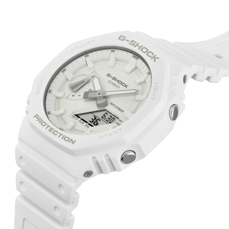 卡西欧,G-SHOCK 48.50x45.40毫米,48.50x45.40毫米,碳纤维,生物基,合成树脂,白色,石英,倒计时,计时,月历,星期历,矿物水晶,八角形,GA2100,GA2100-7A7