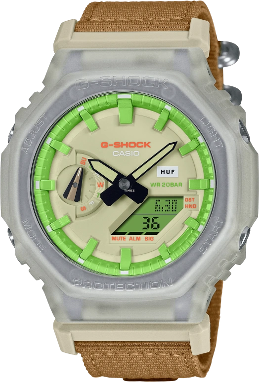 卡西欧,G-SHOCK 48.50x45.40毫米,48.50x45.40毫米,合成树脂,碳纤维,米色,绿色,石英,倒计时,计时,月历,星期历,矿物水晶,八角形,GA2100HUF,GA2100HUF-5A