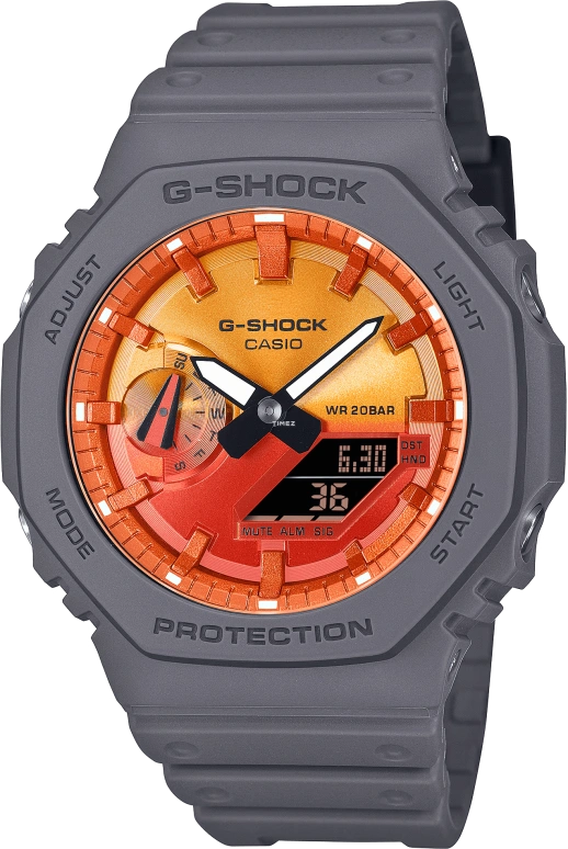 卡西欧,G-SHOCK 45.40毫米,45.40毫米,碳纤维,生物基,合成树脂,双色,炭火红,渐变色,石英,倒计时,计时,月历,星期历,矿物水晶,八角形,GA2100FL,GA2100FL-8A