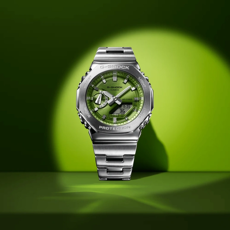 卡西欧,G-SHOCK 44.40毫米,44.40毫米,不锈钢,橄榄绿色,石英,倒计时,计时,月历,星期历,八角形,银色,GM2110D,GM2110D-3A