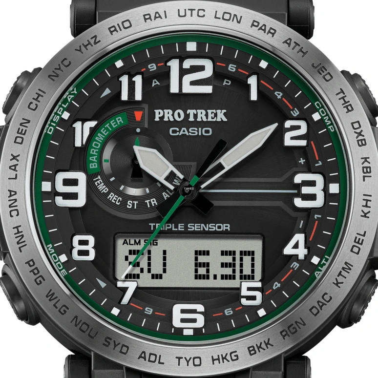 卡西欧,PROTREK 51.60x51.50毫米,51.60x51.50毫米,生物基,不锈钢,黑色,石英,倒计时,计时,月历,星期历,矿物水晶,玻璃,圆形,PRG601,PRG601-1