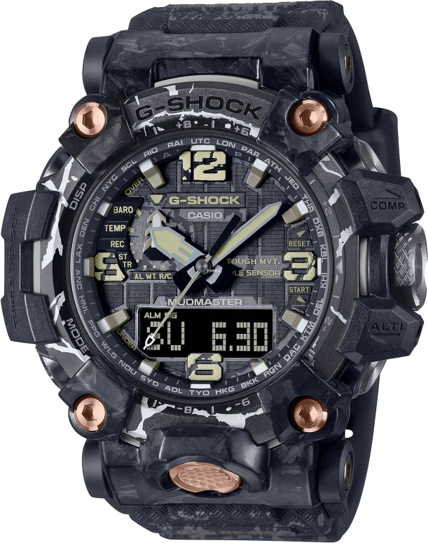 卡西欧,Mudmaster 54.40毫米,54.40毫米,合成树脂,锻造碳纤维,不锈钢,黑色,石英,倒计时,计时,月历,星期历,蓝宝石,圆形,GWG2000CR,GWG2000CR-1A