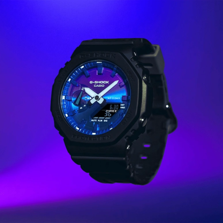 卡西欧,G-SHOCK 45.40毫米,45.40毫米,碳纤维,合成树脂,生物基,紫色,渐变色,双色,石英,倒计时,计时,月历,星期历,矿物水晶,八角形,GA2100FL,GA2100FL-1A