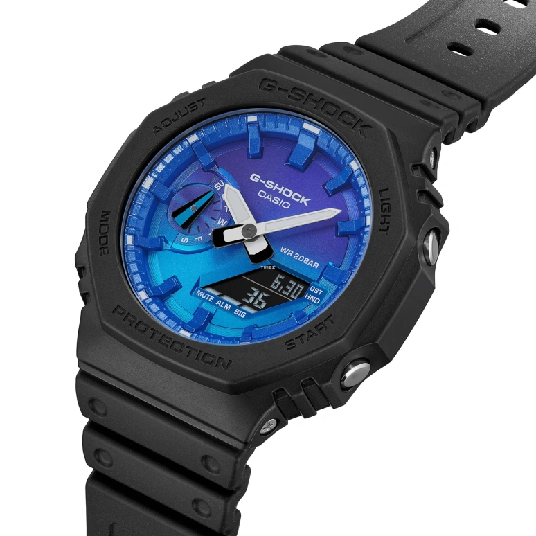 卡西欧,G-SHOCK 45.40毫米,45.40毫米,碳纤维,合成树脂,生物基,紫色,渐变色,双色,石英,倒计时,计时,月历,星期历,矿物水晶,八角形,GA2100FL,GA2100FL-1A