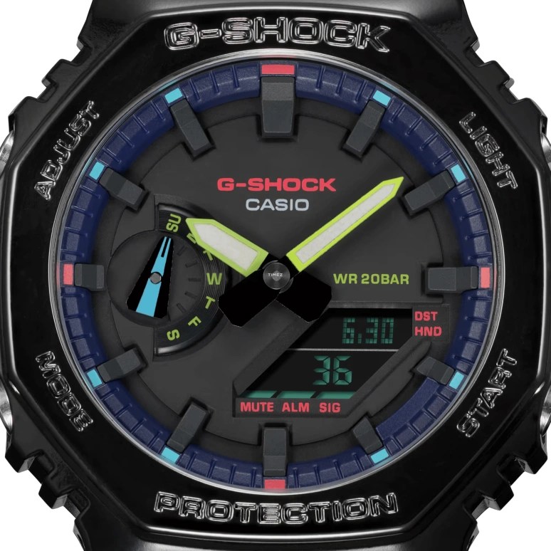 卡西欧,G-SHOCK 48.50x45.40毫米,48.50x45.40毫米,合成树脂,碳纤维,黑色,石英,倒计时,计时,月历,星期历,矿物水晶,圆形,GA2100RGB,GA2100RGB-1A