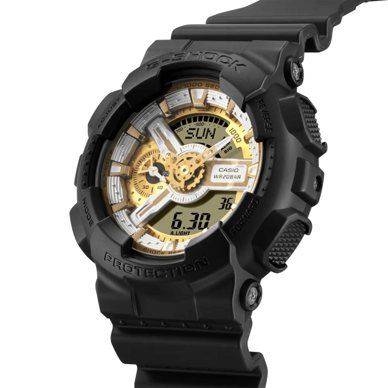 卡西欧,G-SHOCK 55x51.20毫米,55x51.20毫米,合成树脂,黄金色,银色,石英,倒计时,计时,月历,星期历,矿物水晶,圆形,GA110CD,GA110CD-1A9