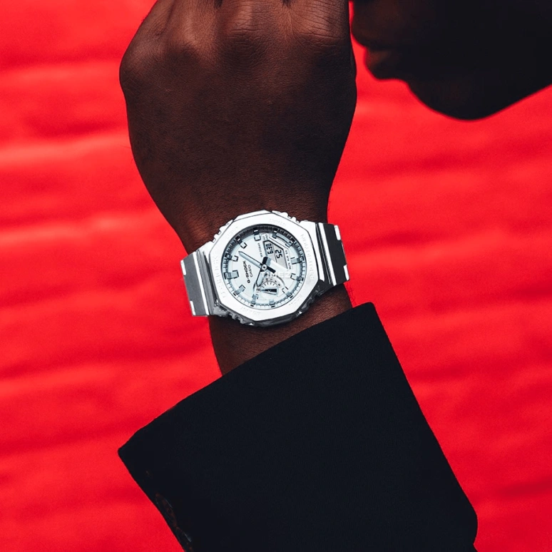 卡西欧,G-SHOCK 44.40毫米,44.40毫米,不锈钢,银色,石英,倒计时,计时,月历,星期历,矿物水晶,八角形,GM2110D,GM2110D-7A