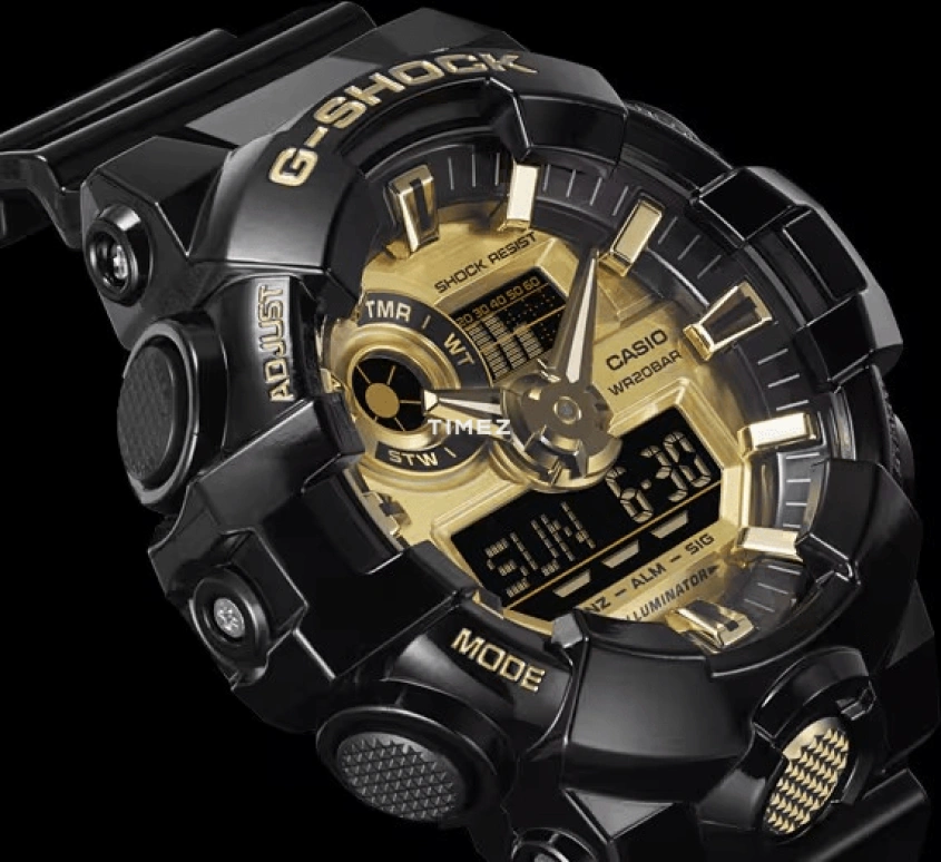 卡西欧,G-SHOCK 53.40毫米,53.40毫米,合成树脂,黄金色,石英,倒计时,计时,月历,星期历,矿物水晶,圆形,GA710GB,GA710GB-1A