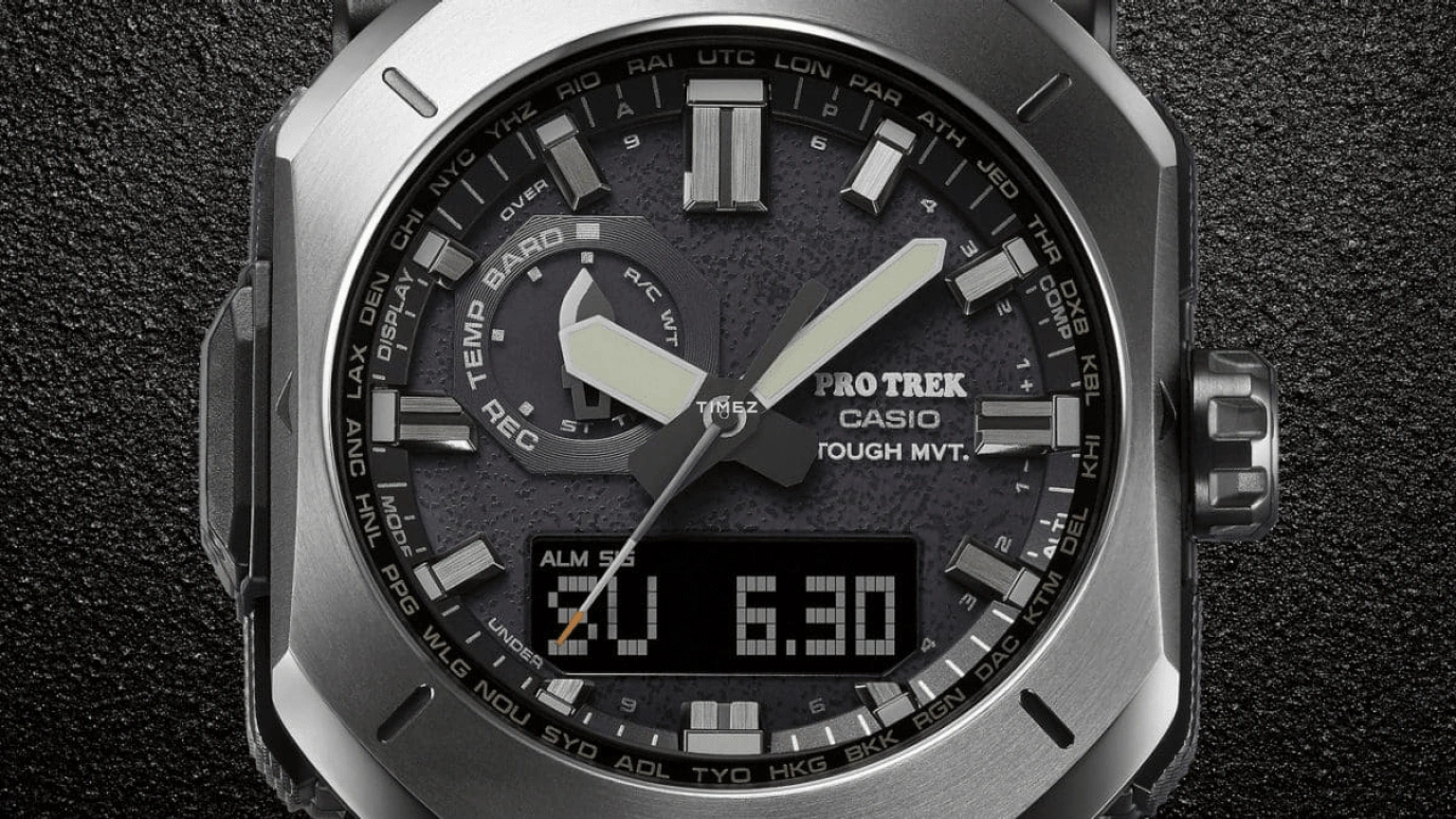 卡西欧,PROTREK 49.60x44.80毫米,49.60x44.80毫米,生物基,不锈钢,黑色,石英,倒计时,计时,月历,星期历,矿物水晶,八角形,PRW6900YB,PRW6900YB-3