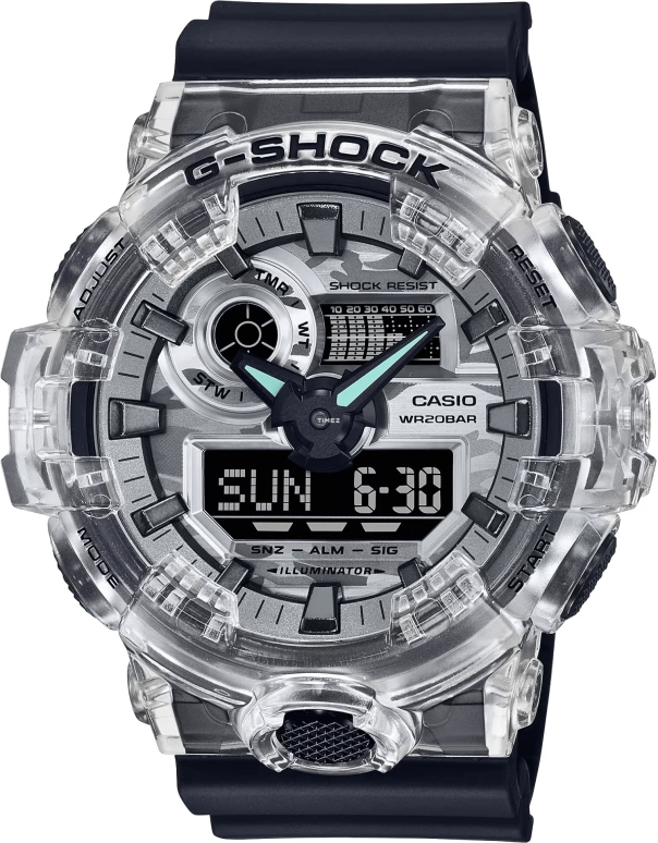 卡西欧,G-SHOCK 57.50x53.40毫米,57.50x53.40毫米,合成树脂,黑色,灰色,石英,倒计时,计时,月历,星期历,矿物水晶,圆形,GA700SKC,GA700SKC-1A