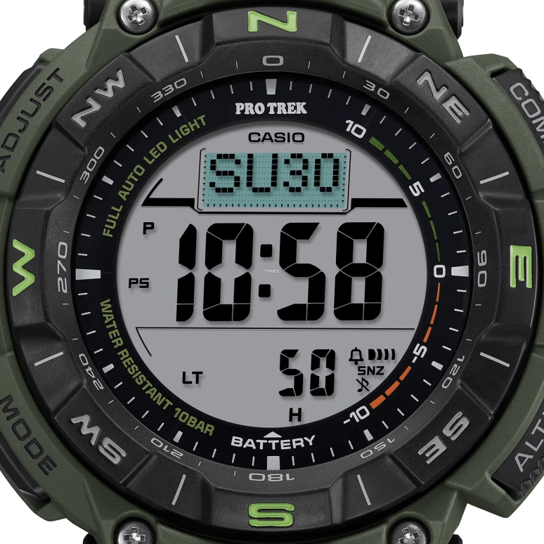 卡西欧,PROTREK 54.70x51.70毫米,54.70x51.70毫米,合成树脂,生物基,黑色,灰色,石英,倒计时,计时,月历,星期历,矿物水晶,圆形,PRG340B,PRG340B-3