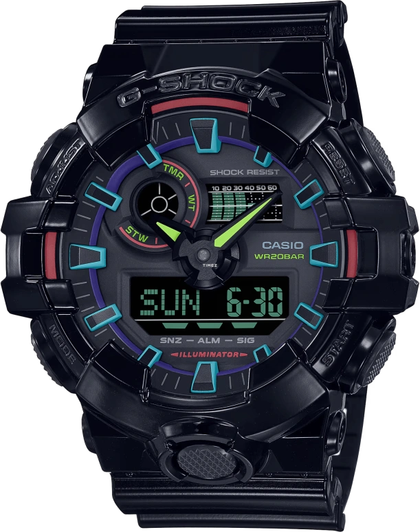 卡西欧,G-SHOCK 53.40毫米,53.40毫米,合成树脂,黑色,石英,倒计时,计时,月历,星期历,矿物水晶,圆形,GA700RGB,GA700RGB-1A