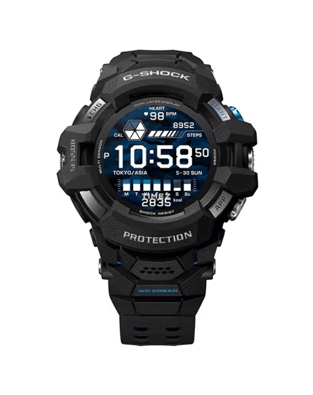 卡西欧,G-SHOCK 56.30毫米,56.30毫米,合成树脂,蓝色,黑色,处理器,智能手表,GPS,高度计,罗盘,矿物水晶,圆形,GSWH1000,GSWH1000-1
