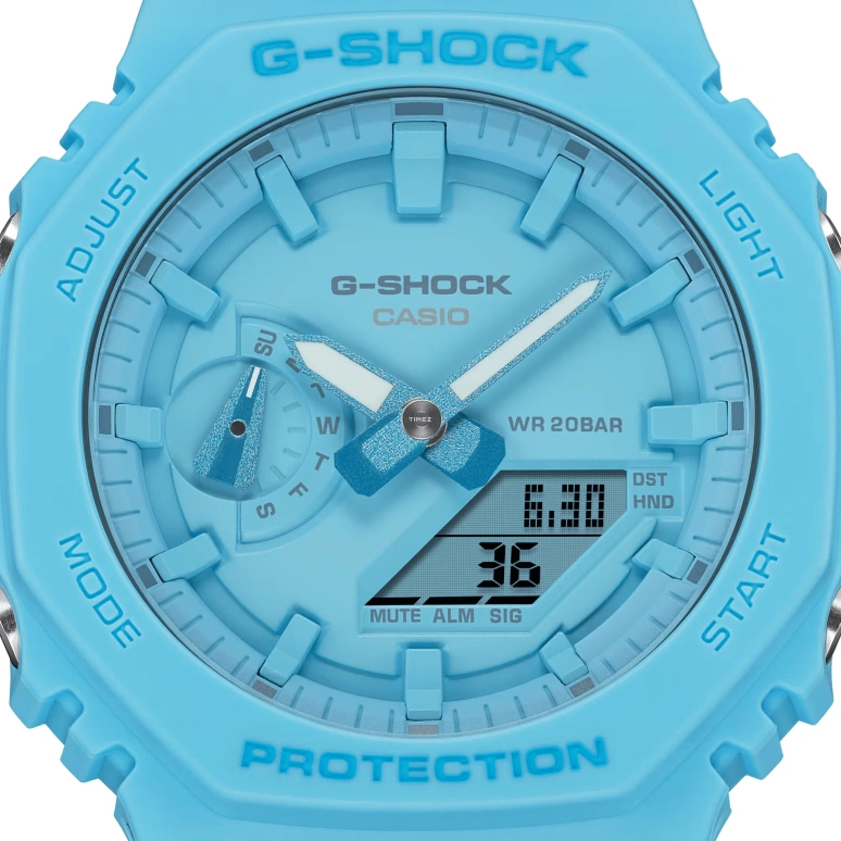 卡西欧,G-SHOCK 48.50x45.40毫米,48.50x45.40毫米,碳纤维,生物基,合成树脂,蓝色,石英,倒计时,计时,月历,星期历,矿物水晶,八角形,GA2100,GA2100-2A2
