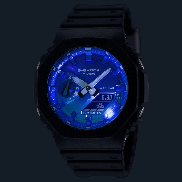 卡西欧,G-SHOCK 45.40毫米,45.40毫米,碳纤维,合成树脂,生物基,紫色,渐变色,双色,石英,倒计时,计时,月历,星期历,矿物水晶,八角形,GA2100FL,GA2100FL-1A