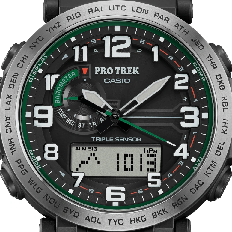 卡西欧,PROTREK 51.60x51.50毫米,51.60x51.50毫米,生物基,不锈钢,黑色,石英,倒计时,计时,月历,星期历,矿物水晶,玻璃,圆形,PRG601,PRG601-1