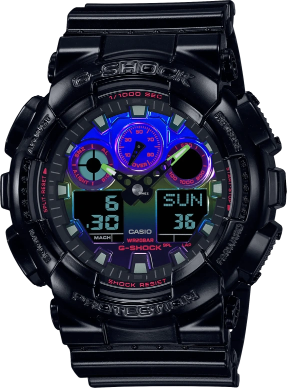 卡西欧,G-SHOCK 55x51.20毫米,55x51.20毫米,合成树脂,多色,石英,倒计时,计时,月历,星期历,矿物水晶,圆形,GA100RGB,GA100RGB-1A
