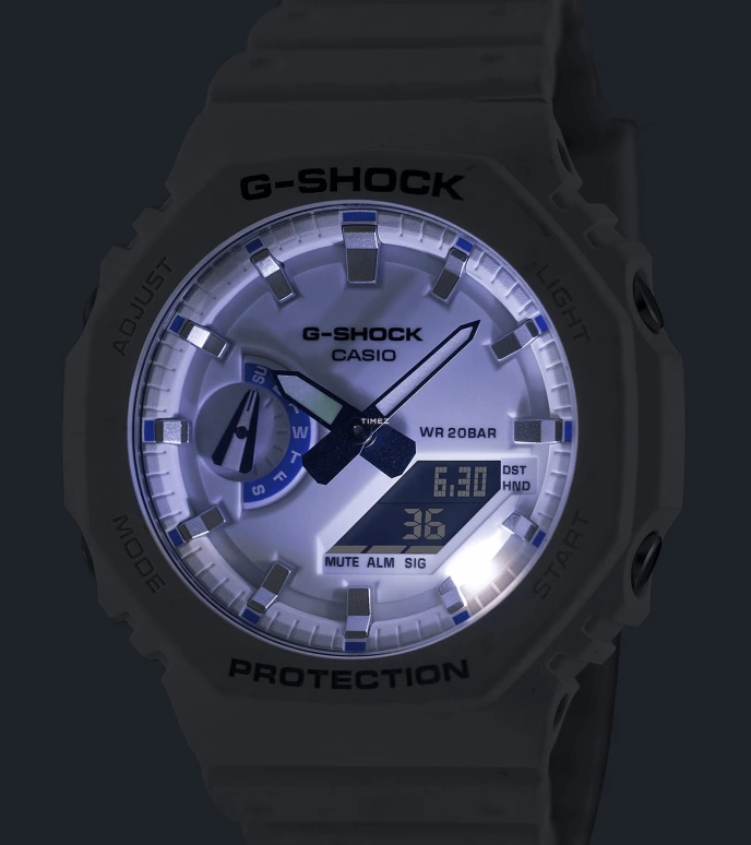 卡西欧,G-SHOCK 48.50x45.40毫米,48.50x45.40毫米,碳纤维,生物基,合成树脂,白色,石英,倒计时,计时,月历,星期历,矿物水晶,八角形,GA2100HDS,GA2100HDS-7A
