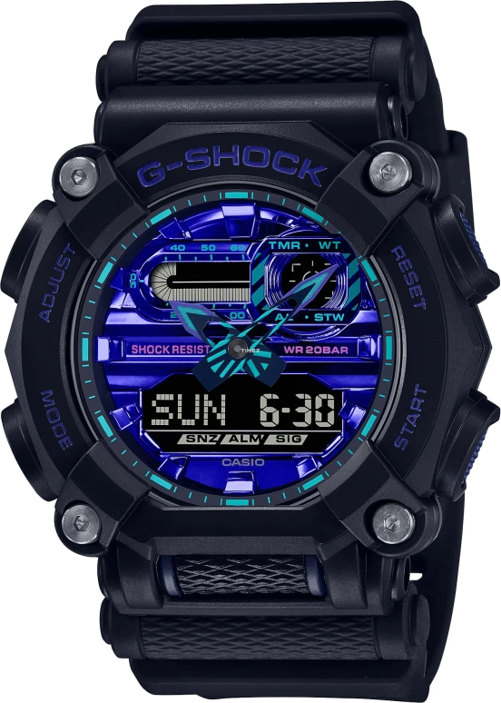 卡西欧,G-SHOCK 52.80x49.50毫米,52.80x49.50毫米,合成树脂,紫色,石英,倒计时,计时,月历,星期历,矿物水晶,圆形,GA900VB,GA900VB-1A