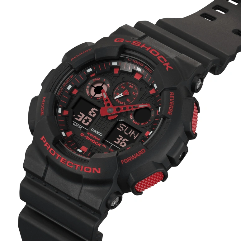 卡西欧,G-SHOCK 55x51.20毫米,55x51.20毫米,合成树脂,黑色,红色,石英,倒计时,计时,月历,星期历,矿物水晶,圆形,GA100BNR,GA100BNR-1A