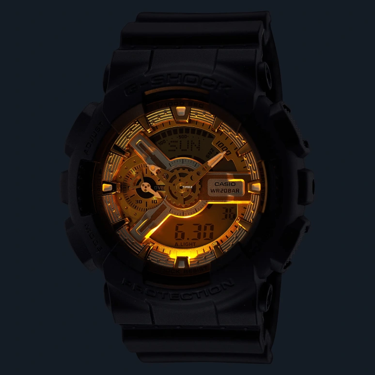 卡西欧,G-SHOCK 55x51.20毫米,55x51.20毫米,合成树脂,黄金色,银色,石英,倒计时,计时,月历,星期历,矿物水晶,圆形,GA110CD,GA110CD-1A9