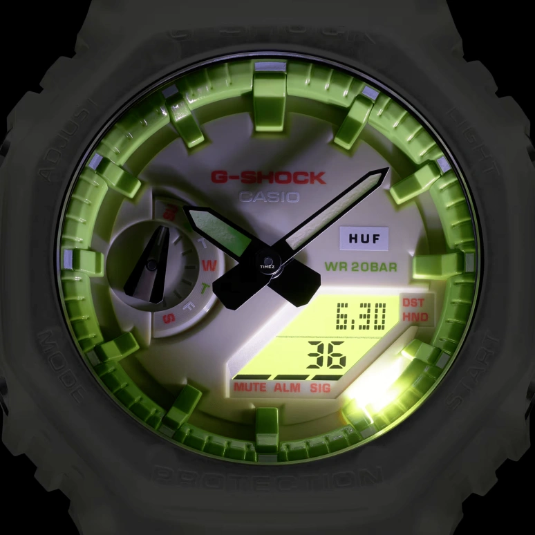 卡西欧,G-SHOCK 48.50x45.40毫米,48.50x45.40毫米,合成树脂,碳纤维,米色,绿色,石英,倒计时,计时,月历,星期历,矿物水晶,八角形,GA2100HUF,GA2100HUF-5A