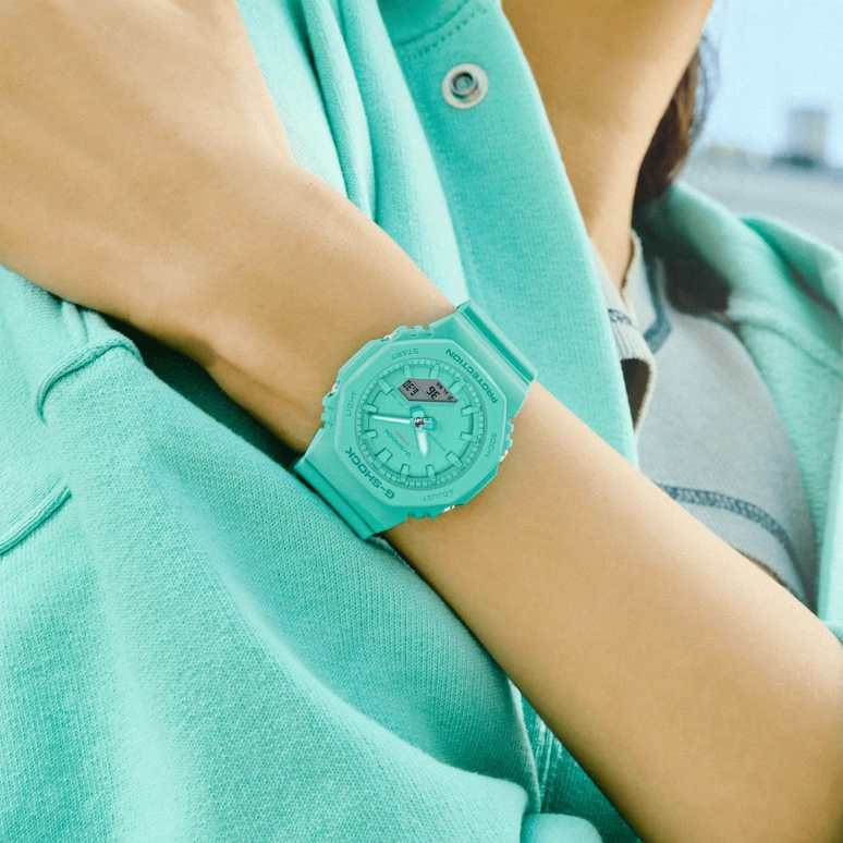 卡西欧,G-SHOCK 46x40.20毫米,46x40.20毫米,合成树脂,青色,石英,倒计时,计时,月历,星期历,矿物水晶,八角形,GMAP2100,GMAP2100-2A