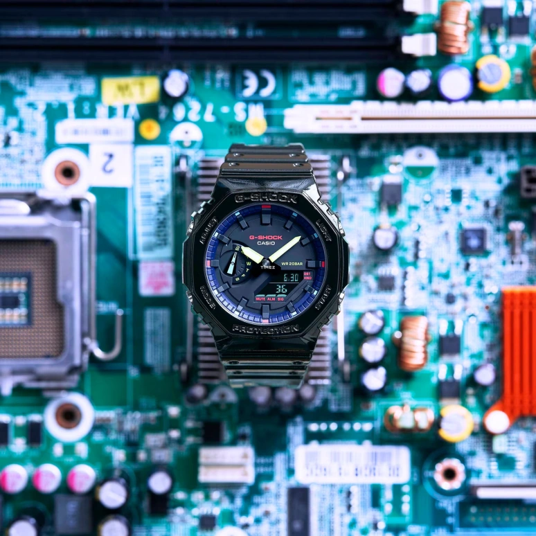 卡西欧,G-SHOCK 48.50x45.40毫米,48.50x45.40毫米,合成树脂,碳纤维,黑色,石英,倒计时,计时,月历,星期历,矿物水晶,圆形,GA2100RGB,GA2100RGB-1A