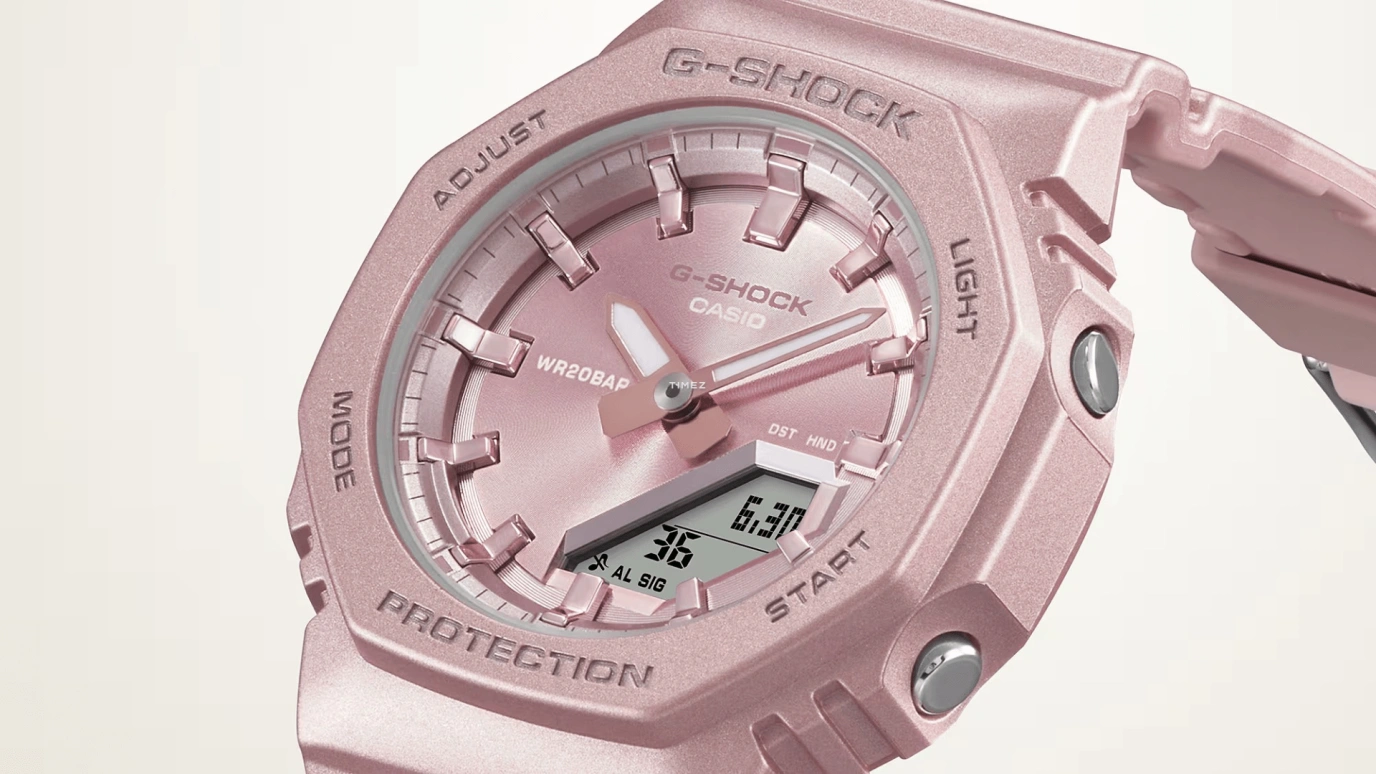 卡西欧,G-SHOCK 40.20毫米,40.20毫米,生物基,合成树脂,粉色,石英,倒计时,计时,月历,星期历,矿物水晶,八角形,GMAP2100ST4A