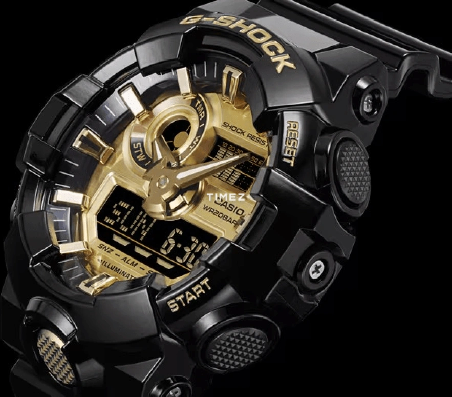 卡西欧,G-SHOCK 53.40毫米,53.40毫米,合成树脂,黄金色,石英,倒计时,计时,月历,星期历,矿物水晶,圆形,GA710GB,GA710GB-1A