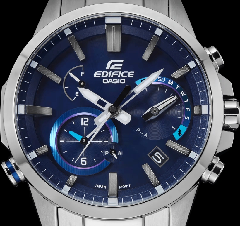 卡西欧,EDIFICE 48.20毫米,48.20毫米,不锈钢,蓝色,石英,计时,星期历,日历,动力储存指示,矿物水晶,圆形,EQB700D,EQB700D-2A