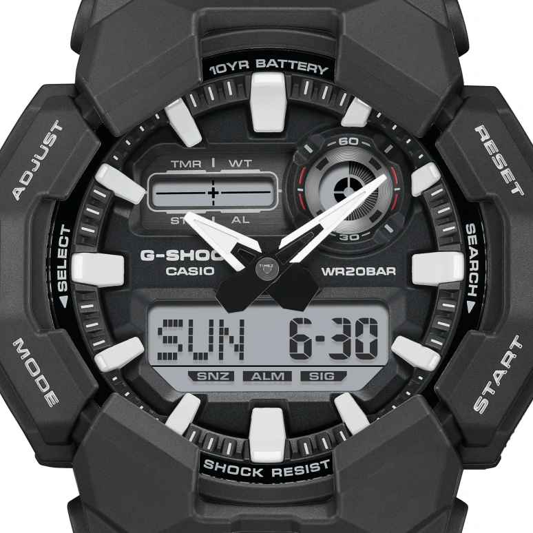 卡西欧,G-SHOCK 51.90毫米,51.90毫米,生物基,碳纤维,合成树脂,黑色,石英,倒计时,计时,月历,星期历,矿物水晶,圆形,GA010,GA010-1A