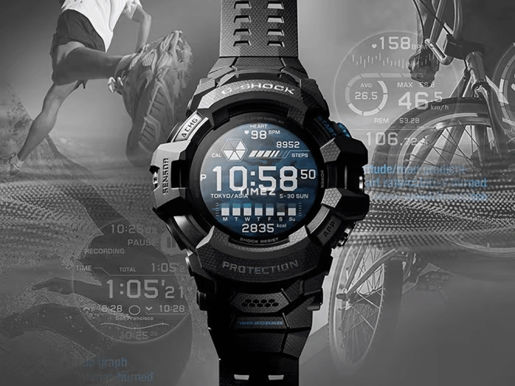 卡西欧,G-SHOCK 56.30毫米,56.30毫米,合成树脂,蓝色,黑色,处理器,智能手表,GPS,高度计,罗盘,矿物水晶,圆形,GSWH1000,GSWH1000-1