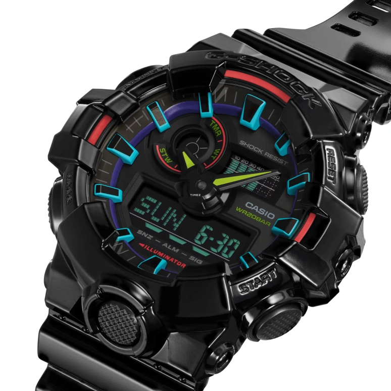 卡西欧,G-SHOCK 53.40毫米,53.40毫米,合成树脂,黑色,石英,倒计时,计时,月历,星期历,矿物水晶,圆形,GA700RGB,GA700RGB-1A